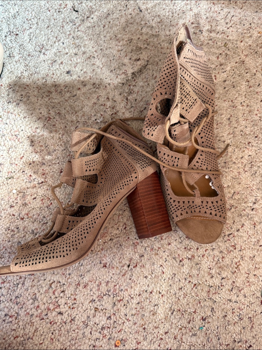 Crown Vintage Taupe Perforated Lace-Up Block Heel Sandals